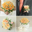 This curated quartet of images captures a wedding palette focused on warm apricot and peach tones, described from the vantage of a local florist who knows the feel of Stanmore's quieter corners. Top-left: the bride's hands hold a perfectly rounded bouquet of peach-orange roses, their petals unfurling with a soft, velveteen texture, interspersed with fine sprays of white gypsophila and glossy green leaves that add lift and contrast; the bouquet reads classic and romantic beneath the soft morning light. Top-right frames the groom's dark charcoal or navy jacket, where a single peach rose bud boutonnière sits close to the lapel, hugged by tiny gypsophila and a fine ribbon bow that mirrors a coral-hued tie-an intimate detail that speaks of coordination and care. Bottom-left moves closer: the bouquet laid on a pale, subtly textured cloth, the handle wrapped in a white ribbon dotted with tiny peach-pink flecks, finished precisely for comfort-an element I'd choose when delivering to a bride preparing at Stanmore Station or a nearby cottage. Bottom-right shows a low, domed table arrangement of peach roses and gypsophila in a white, intricately woven spherical holder, the weave softening the composition while two smaller woven spheres anchor the design in a natural, understated way. The visual tone is tender and fragrant-hints of creamy, powdery rose scent-and the overall craftsmanship reflects local attention to detail; Flower Delivery Stanmore would present this style for intimate ceremonies across Stanmore, Canons Park and surrounding Harrow addresses.