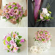 This four-image collage presents an elegant wedding flower suite in soft pinks, lilacs, and fresh green that feels perfectly tailored to a Stanmore celebration. In the top-left panel, a bride is shown from the waist down, her white lace gown framing a lush, rounded bouquet she cradles in both hands. The bouquet overflows with light pink and soft lavender roses at varying degrees of openness, weaving together with vivid green button chrysanthemums, delicate pale pink alstroemeria adorned with tiny yellow markings, and airy white baby's breath. Deep green foliage underscores the gentle colours, giving the design depth and a sense of movement that would stand out beautifully in photographs taken near Stanmore Country Park. The top-right panel brings the groom into focus, with a dark charcoal grey suit and bold fuchsia tie. Pinned to his lapel is a coordinating boutonniere: a single blush pink rosebud accompanied by bright green chrysanthemums, feathery gypsophila, and slender decorative grass, all tied with a narrow pink ribbon, creating a refined accent suited to both synagogue and civil ceremonies in Stanmore. In the bottom-left image, a similar bouquet is laid on a light beige textured fabric, likely a bridesmaid's bouquet or a detailed view of the main design. The fuchsia ribbon-wrapped stems and carefully layered roses, chrysanthemums, alstroemeria, and baby's breath showcase the florist's skill. Finally, the bottom-right panel features a compact, rounded centerpiece on a clean white surface. Pink and lilac roses, green button chrysanthemums, pink alstroemeria, and white baby's breath are nestled into a decorative white spherical vase with an intricate woven lattice, flanked by two smaller woven spheres. Together, they evoke a beautifully dressed table in a Stanmore reception venue, coordinated from bouquet to buttonhole.