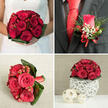 This four-image collage captures a romantic red rose wedding collection, reflecting the kind of thought-through styling often chosen by couples marrying around Stanmore's leafy avenues and local churches. In the top-left frame, the bride's white gown sets a luminous backdrop as she clasps a compact bridal bouquet. The flowers form a tight dome of deep crimson roses with densely layered petals, interspersed with rounded red hypericum berries that add subtle sparkle and texture. A neat halo of dark green foliage encircles the base, giving the bouquet a tailored, hand-crafted look that would feel perfectly at home in a Stanmore garden ceremony. The top-right frame shifts to the groom, whose charcoal-grey suit, crisp white shirt, and vivid red tie create a strong contrast. On his lapel is a single red rose boutonniere, the rosebud framed by wispy ruscus-like greenery and gentle sprays of white gypsophila, with a few small red berries echoing the bouquet. A narrow red satin ribbon is tied into a precise bow, securing the stems in place. The bottom-left panel zooms in on another bouquet of red roses and berries resting on a softly textured beige fabric. Here, several lush red roses and their accompanying berries are framed by broad, glossy, dark green tropical leaves that fold around the arrangement, forming a sculptural border; a red ribbon binds the stems and trails slightly to the right. The bottom-right image shows a dome-shaped cluster of red roses and berries resting on a unique, white, intricately woven spherical holder made from natural fibres. Two smaller, warm wood-coloured wicker spheres sit beside it on a smooth, pale surface, set against a muted beige and grey backdrop, suggesting an intimate, contemporary wedding reception in Stanmore.