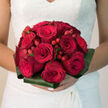 This image shows a rounded bridal bouquet that looks perfectly at home in a Stanmore wedding, whether in a grand venue near Bentley Priory or a more intimate ceremony tucked away on a peaceful side street. The bouquet is dominated by sumptuous red roses, each bloom unfurling in generous layers, with petals that seem almost silk-like in their smoothness. Their red tone is deep and elegant, neither too bright nor too dark, conveying a sense of timeless romance. Nestled between these roses are red hypericum berries, adding playful pops of colour and a glossy, bead-like texture that contrasts with the velvety petals. The berries are arranged thoughtfully so that they appear to peek out from within the blooms, like tiny moments of laughter hidden among tender vows. Encasing the flowers is a ring of structured aspidistra leaves, folded tightly to form a sleek, circular frame. Their dark green colour grounds the bouquet and gives the entire design a defined shape that sits comfortably in a bride's hands. There is a quiet confidence to the arrangement, enhanced by soft lighting that highlights the natural curves of each petal and the reflective surfaces of the berries. The bouquet suggests careful preparation and expert handling-from conditioning the roses to choosing each leaf-reflecting the care local florists in Stanmore take with wedding flowers destined to be photographed, admired, and remembered. It's a composition that pairs traditional romance with a crisp, modern finish, ideal for a bride who wants her flowers to mirror both her heritage and her contemporary style.