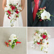 This composed four-panel image unfurls a cohesive wedding floral story in warm, muted light, built from the same trio of tones: vibrant red, pure white and verdant green. The principal image-top-left-shows a bride from mid-torso down against a soft beige background, holding a generous cascading bouquet. The bouquet balances open white lilies and compact red roses with the refined drama of white Phalaenopsis orchids that spill gracefully along the stems. Fine sprays of white baby's breath and glossy red hypericum berries are interwoven through layers of mixed foliage and thin, wiry greenery, imparting depth and a lively tactile contrast between soft petals, waxy berries and structured leaves. The overall scent is imagined as a layered whisper: heady rose undercut by lily's fresh spice and the cool, almost creamy scent of orchid.
Top-right offers a close study of the groom's boutonniere on a charcoal suit lapel beside a bold red tie-a single white Phalaenopsis orchid anchors this small piece, accompanied by two clusters of red hypericum, petite baby's breath and small green leaves, tied with a thin red ribbon to mirror the bridal bouquet. The lower-left panel isolates a matching boutonniere on textured beige fabric, revealing craftsmanship and proportion, while the bottom-right displays a centerpiece in a decorative white woven holder, flanked by white spherical décor, echoing the bouquet's composition. Together these panels convey how carefully chosen repeats-flowers, ribbon, colour and texture-create a unified, elegant setting ripe with anticipation for vows exchanged in Stanmore's village churches or nearby celebration venues.