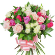 A vibrant, hand-tied bouquet arranged to read as a single, joyful statement: abundant roses in a soft pastel pink blush sit alongside creamy white roses and vivid fuchsia blooms, with a few gentle lavender roses threaded through to lift the colour palette. The composition is dense and rounded, each large, fully opened rose presenting delicate layers of velvety petals while smaller spray roses - mostly creamy white with whispers of pale yellow - nestle close to add fine texture and intimate detail. Dark green, glossy leaves, likely ruscus or salal, weave through the flowers, their spear-shaped, reflective surfaces creating a cool, verdant frame that makes the pinks and purples sing. At the base the long stems are gathered snugly and secured with a wide, baby-pink satin ribbon tied into a gracious bow whose smooth sheen catches the studio light; the ribbon's cascades give a soft, elegant finish that hints at celebration. The clean white background and soft, even lighting highlight petal edges, subtle shadows, and the natural sheen on each leaf, suggesting the scent of fresh roses - faintly sweet and green - and the tactile contrast between velvet blooms and glossy foliage. This arrangement feels like a thoughtful gift for birthdays, anniversaries, or Mother's Day, offering comfort and cheer. As a florist familiar with Stanmore's warm community - from Stanmore Broadway to Canons Park - I picture this bouquet arriving in the hands of a delighted recipient, its colours bright and mood-lifting, perfectly suited to small local celebrations and quiet moments of affection.