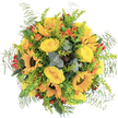 Bursting with exuberance, this handcrafted bouquet from Stanmore glows with the golds and greens of a sunlit meadow. Central sunflowers, radiant and bold, command the eye and set the mood with their wide, open faces, while yellow roses arranged with subtle artistry bring softness and warmth. Orange blossoms dart through the arrangement, lending a lively spark reminiscent of colourful afternoons in Stanmore's parks. Clusters of glossy, crimson-red berries peek out playfully amidst textured greenery, and feathery ferns spill out to soften the bouquet's rounded shape. Silvery eucalyptus leaves add gentle contrast, while hints of deep green and reddish foliage evoke the changing palette of the local countryside. The air is tinged with the sweet, floral scent of summer-freshly cut stems, honeyed petals, and herbal undertones mingling as if carried on the breeze from Little Common. Perfect for birthdays, marking fresh starts, or illuminating any home or event across Stanmore, this arrangement embodies floral artistry with local charm and a touch of seasonal wonder.