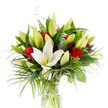 A single, large creamy white Oriental lily takes centre stage in this carefully composed bouquet, its broad, smooth petals unfurling to reveal a pale yellow stamen and a soft green pistil that draw the eye like a gentle focal point. Around it a constellation of lime-green and pale yellow lily buds - some tightly furled, others just beginning to open - suggest a bouquet in motion, full of promise and unfolding life. Scattered through the mass of blooms are velvety red rosebuds and small roses, their rich crimson petals still mostly cupped, punctuating the arrangement with notes of passion and classic romance. The flowers are set against a depth of varied greens: glossy, dark forest-green lily leaves form a sturdy backdrop while long, feathery palm-like fronds in brighter emerald sweep outward and downward, lending movement and a soft tropical flourish. Slim stems of silvery-green eucalyptus, with their rounded, muted leaves, thread through the composition and temper the brighter greens with a cool, powdery tone. The collection is gathered in a simple cylindrical clear glass vase; through the transparent sides you can see the pale green stems submerged in clear water, the clean studio lighting bathing the scene in bright, white clarity. The white background isolates each texture - the waxy lily petals, the velvety rose surfaces, the glossy and matte foliage - so you can almost sense the lilies' sweet, powdery perfume mingling with the deeper, headier scent of roses. From a florist's viewpoint, this arrangement balances refined purity and heartfelt warmth; it reads as a thoughtful gift for an anniversary, a celebration, or a quiet expression of sympathy, and it also carries the intimate, familiar character of bouquets often chosen by residents around Stanmore Common and Stanmore Broadway.