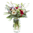 This Stanmore-inspired bouquet was composed to evoke subtle celebration and serene beauty, making it the perfect choice for marking life's special moments or for bringing everyday joy into a home. At its core rest deep red roses, their velvety crimson petals softly unfurled, embodying romance and tenderness-a floral nod to anniversaries, heartfelt appreciation, or turning a quiet evening into something memorable. Surrounding them, radiant white Gerbera daisies evoke purity and hope, their delicate petals framing earthy brown centers that stand in cheerful contrast, much like bursts of color on a spring walk through Stanmore's leafy avenues. Pale purple Lisianthus blooms, some open and ruffled while others remain slender and unopened, contribute a gentle, almost poetic undertone of renewal. Silvery eucalyptus leaves thread through the bouquet, their cool roundness and refreshing fragrance a modern touch that whispers of gardens after rain. Broad green foliage-polished and generous-grounds the ensemble in nature's steady embrace, while petite white sprays add texture and an airy, uplifting grace. All stems are gathered with care into a sparkling glass vase, their freshness visible through the clear water, inviting the eye to dwell on every detail. Crafted by dedicated Stanmore florists, this arrangement radiates a timeless yet contemporary spirit, effortlessly brightening any setting in the community.
