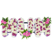 A three-dimensional sympathy tribute spelling MUM, photographed against a plain white background, each capital letter formed from a dense carpet of pristine white chrysanthemum heads that give the piece a soft, cloud-like texture. Scattered through the white base are small clusters of deep magenta or purple pom-pom blooms that create subtle patterned depth, while vivid pink spray roses provide focal warmth. A single compact spray of bright pink roses and rich, fern-like greenery adorns the upper left shoulder of the first M, tiny blue accent flowers tucked among the leaves for a delicate touch of cool colour. The central U cradles a larger bouquet of four to five pink spray roses set into its lower curve, surrounded by abundant dark green foliage and fine fern fronds that spill slightly over the edge, lending a natural, sheltered feel. The right M mirrors the left with a matching pink rose cluster at its upper right, creating visual balance. Thin, dark horizontal bars connect the letters at their bases, giving the arrangement structural integrity without distracting from the floral surface. The overall mood is quiet and consoling: the mums' clean white tones suggest innocence and remembrance, the magenta accents add depth, and the pink roses speak of love and maternal tenderness. Soft, diffused light reveals the plush texture of the chrysanthemum petals and the velvety curl of the rosebuds; a faint, sweet scent of roses lingers in the air. This design is the sort of bespoke tribute you might choose for a funeral service in Stanmore - appropriate for a chapel near Stanmore station or a wake at a local community hall - crafted with careful attention to balance, texture, and gentle dignity.