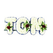 A serene, handcrafted funeral tribute spelling out the name TOM in generous, three-dimensional letters formed from the soft, pillowy heads of pristine white chrysanthemums. Each letter reads as a cushion of petals - dense, slightly domed and cool to the eye - while a crisp royal blue ribbon traces every outer curve and angle, giving each shape a striking, dignified outline against the spotless white background. Within the lower or central area of each letter a little spray of accent flowers sits like a quiet punctuation: a single, velvety deep red rose anchors each cluster, its saturated colour speaking of enduring love and solemn respect. Surrounding the red roses are smaller creamy-white spray roses and tender fern fronds; the interplay of rounded buds, feathery greens and chrysanthemum texture creates gentle depth and a subtle, natural perfume you can almost inhale. A thin dark green or black metal support bar is visible beneath the letters, a restrained reminder that this is a crafted, upright memorial meant to stand at a service or graveside. The whole composition is arranged with the calm restraint that funeral floristry requires - balanced, symmetrical and comforting - designed to catch soft morning light and to read clearly from a small distance. As a Stanmore florist would place it near a chapel on Stanmore Broadway or in the quiet corner of Canons Park remembrance services, the piece reads as both a personal name and a lasting gesture of sympathy, offering consolation through carefully chosen colour, texture and form.