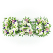 A traditional yet beautifully detailed floral tribute spelling the word DAD is shown laid out in three capital letters, side by side on a bright white background that emphasises every nuance of colour and texture. The letters themselves are built from a tightly packed layer of white chrysanthemums and daisy-like blooms, whose rounded, plush petals create a smooth, comforting surface. Tiny white buds and filler flowers add variation without breaking the serene, all-white base. Around the edges, the florist has framed each letter with lush green foliage, especially slender fern fronds and neatly arranged greenery that give a natural, softly feathered outline, reminiscent of Stanmore's tree-lined streets and well-kept gardens. Peeking out among this foliage are small, bright green button chrysanthemums or berry-style clusters, offering lively flashes of fresh green that complement the white flowers. Scattered thoughtfully across the letters are accent flowers in rich purple and violet tones, similar to pansies, violas, or spray chrysanthemums, which bring depth, solemnity, and a sense of dignity suitable for a funeral or memorial. Gentle lavender and pale mauve roses and carnations introduce a more tender note, their layered petals suggesting affection and treasured memories. The lighting is calm and even, illuminating the arrangement without shadow or distraction, as if the tribute has just been finished at Flower Delivery Stanmore and placed carefully for viewing or photography. Overall, the design feels like a deeply personal, bespoke sympathy tribute, a DAD arrangement that conveys love, respect, and remembrance in a clear and visually expressive way.