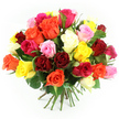 A vibrant hand-tied bouquet of roses stands out sharply against a pure white background, the flowers arranged in a rounded, generous dome that suggests both luxury and warmth. The roses themselves display a wide spectrum of colour, reminiscent of a cheerful celebration in a Stanmore home. Deep crimson and velvety red blooms form a romantic anchor, while glowing orange and tangerine roses add energy and brightness. Cheerful, sunny yellow roses contribute a feeling of optimism, interspersed with vivid fuchsia and rich pink varieties that lend playful charm. Softer blush and pastel pink roses, along with elegant cream and ivory blooms, gently soften the overall effect, making the bouquet suitable for a range of occasions. Each rose is shown at a slightly different stage of openness, with some fully unfurled to reveal their layered centres and others still semi-closed, promising days of continued beauty. Between the blossoms, pockets of dark green foliage peek through, enhancing the colours and recalling the leafy calm of Stanmore's parks and gardens. The long, straight green stems are gathered neatly at the base and tied with a green-and-white checked ribbon, giving the impression of a carefully hand-crafted gift, perhaps about to be delivered to a doorstep near Stanmore Broadway or along Marsh Lane. The lighting is bright yet soft, with minimal shadow, accentuating the velvety texture of the petals and the crispness of the white background. This bouquet radiates joy, affection, and gratitude, evoking the happiness of receiving fresh roses from a local Stanmore florist for birthdays, anniversaries, congratulations, or simply to brighten an ordinary day.