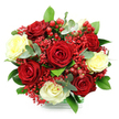 A sumptuous round bouquet is showcased against a bright white backdrop, its carefully chosen colours and textures glowing as though lit by soft Stanmore daylight. At its heart, approximately seven velvety red roses unfurl in full bloom, each flower composed of tightly layered petals that create a sense of depth and classic romance. Interspersed among them, about five creamy white to pale yellow roses add a gentle radiance, their softer hues calming the boldness of the red and introducing a feeling of balance and serenity. Fine sprays of scarlet gypsophila thread between the larger blooms, the myriad tiny red flowers clustered along slender stems to form a delicate, cloud-like veil that lends the arrangement lightness and nuance. Nestled among the petals are smooth, glossy red Hypericum berries, their rounded shapes catching the light and giving a cheerful, festive touch, perfect for winter tables in Stanmore homes or celebrations near Stanmore Country Park. Surrounding all of this, lush green foliage creates a rich, natural frame, with broad dark leaves offering depth and rounded eucalyptus leaves adding cool silvery-green highlights and the hint of a refreshing scent. The stems appear gathered into a clear glass-style container, the base neatly finished with a band of green and white checked ribbon or wrap, suggesting a thoughtfully wrapped gift ready for same-day delivery across Stanmore and nearby Queensbury. The bouquet radiates warmth, affection, and understated luxury, making it an ideal choice for anniversaries, romantic dinners, or any special occasion where you want to express love and appreciation in a single, beautiful gesture.