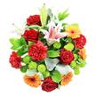 Against a bright, uncluttered white background, this mixed bouquet appears as a vibrant, perfectly rounded cluster of blooms, carefully composed with a Stanmore client in mind. At its heart rest deep red roses, their velvety petals spiralling in tight buds and partially opened flowers that speak of romance and sincere admiration. Woven closely around them, red carnations contribute a softer, ruffled texture, their abundant, frilled petals giving the centre of the arrangement extra volume and richness. Rising slightly above the red core, several Oriental lilies add a sense of drama and grace: their large, star-shaped petals are white tinged with blush pink and finished with delicate speckling, while the open blooms display prominent yellow stamens. Some lily buds remain closed, sleek and pale, hinting that the bouquet's appearance will continue to evolve over the coming days. Around this central focus, warm-toned orange and yellow gerbera daisies bring energy and brightness, each with a darker central disc and neatly layered petals that radiate like small, structured sunbursts-evoking the cheerful feel of a sunny walk through Stanmore Country Park. Nestled between the larger flowers, lime green button chrysanthemums appear as compact, spherical tufts, adding refreshing colour and an inviting, tactile detail. The entire design is wrapped in a generous collar of foliage, combining glossy dark green leaves with lighter, silvery-green stems that soften the outline and create a polished, natural frame. Soft, even lighting shows off the vivid reds, oranges, yellows, pinks, and greens without harsh shadow. The arrangement feels festive yet refined, ideal for marking birthdays, anniversaries, or sending heartfelt thanks to friends and family across Stanmore, Belmont, and the neighbouring streets around The Broadway.
