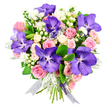 On a spotless white background, this radiant bouquet seems to glow with its own inner light, every bloom carefully positioned as if composed for a still-life painting in a Stanmore townhouse. Dominating the eye are several large Vanda orchids, their broad petals awash in sumptuous purple and blue tones, delicately speckled and veined to create a richly textured surface that communicates both strength and elegance. Encircling these exotic blooms are soft pink roses, some just beginning to loosen their petals and others fully opened into luxurious spirals, each petal soft and velvety, conveying a sense of romance and tenderness. Mixed among them, creamy ivory spray roses form small, rounded clusters, building up the bouquet's body and adding a gentle, luminous warmth. Tiny white filler flowers appear like little stars scattered throughout, adding a light, almost airy quality to the arrangement, while polished white hypericum berries provide round accents that sit pleasingly among the petals. The greenery offers a thoughtful contrast: glossy dark green leaves define the bouquet's rounded shape and deepen its tones, while silvery-grey dusty miller foliage adds a soft, feathery texture and a cool, frosted look, as if touched by early morning dew. At the base, the hand-tied stems are wrapped in a shimmering, iridescent ribbon that shifts between silver and lilac, echoing the colours of the orchids and trailing delicately. This bouquet feels refined yet heartfelt, perfect for celebrating anniversaries, sending birthday wishes across Stanmore, or simply bringing an elegant, calming presence into a living room overlooking the local parks and tree-lined avenues.