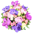 From Flower Delivery Stanmore, this lush bouquet is photographed from a slightly elevated overhead view, set against a crisp white backdrop that makes every petal sing. The arrangement is densely packed, with large, fully opened pink peonies forming the heart of the design. Their satin-soft petals create a ruffled texture and shift from pale blush to deeper rose as the light shifts across them. Intertwined among them are striking purple and magenta orchids, clearly Vanda-type with flat, speckled petals that read as delicate butterflies hovering above the bloom mass. A few orchids lean toward a cooler violet-blue, providing a refined contrast to the warm pinks. Scattered throughout are smaller spray roses in pale pink, along with creamy ivory and pale yellow roses whose classic spiral petals lend a timeless grace. Tiny clusters of white filler flowers, asters or small chrysanthemums, add sparkle and light. The bouquet rests on a lush green foundation of broad, variegated leaves with lighter margins that frame the blossoms and draw the eye through the composition. The overall effect is one of luxurious elegance, a romance with an exotic twist, perfect for weddings, luxury gifts, or a striking centerpiece for Stanmore's celebrations. Available for same-day delivery across Stanmore, Canons Park, and the surrounding communities, this bouquet speaks of care, artistry, and warm hospitality you would expect from a trusted local florist. It embodies the season's generosity and the neighbourhood's love of thoughtful celebration, a bouquet you can send with confidence.