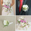 This four-image wedding collage presents a complete floral story, as if captured during a refined ceremony in Stanmore, with every design built around graceful white orchids and soft pink roses. In the top left frame, the bride is visible from the waist down, her white lace dress delicately detailed, while she cradles a lavish cascading bouquet. The arrangement is lush and full, layered with white phalaenopsis orchids, blush and soft-pink garden roses, clusters of pale lavender stock, airy clouds of baby's breath, and rich green foliage, all threaded with deeper pink, almost fuchsia, accent flowers that give the bouquet depth and vibrancy. The top right image shifts to the groom's chest and shoulder, where a single white orchid boutonniere is pinned to a dark charcoal or black suit jacket. Beneath, a striking red tie and patterned dress shirt add contrast. The boutonniere's orchid is framed by sprigs of gypsophila and slim green stems, neatly secured with a tiny white satin ribbon so it sits comfortably throughout the day, whether the couple is saying their vows near Canons Park or celebrating back in central Stanmore. The bottom left view shows this same boutonniere laid flat on a light beige, linen-like fabric, emphasizing the careful binding of stems and the pristine condition of the orchid's petals, ready to be pinned for a groomsman or father of the bride. In the bottom right, a coordinating centerpiece overflows from a cylindrical white lattice-style vase set on a clean white surface. The same white orchids, pink roses, lilac stock, baby's breath, emerald foliage, and bold pink accents are arranged in a rounded, slightly informal style, with two small white woven spheres beside it, ideal for wedding tables at a local Stanmore restaurant. Together, the four scenes show a perfectly matched floral collection, from personal flowers to reception décor.