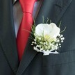 A detailed close-up focuses on the upper torso of a man dressed for a special occasion in Stanmore, his dark charcoal suit jacket forming a smooth, tailored backdrop for an elegant white orchid buttonhole. The fabric of the jacket appears finely woven and slightly matte, its sharp lapel catching a soft, diffused light, as though he is standing near a window before leaving for a wedding at a local Stanmore church. Pinned neatly to that lapel is a single, pristine white Phalaenopsis orchid, its broad, velvety petals curving outward in a calm, symmetrical arc. At the centre, a soft yellow-cream throat with a hint of blush seems to glow gently against the cooler white, giving the bloom an almost luminous presence. Surrounding the orchid, clouds of delicate white baby's breath form a light, airy halo, each tiny blossom like a miniature star, adding texture and romance. Slender blades of fresh green foliage slip through the design, their clean lines and vivid colour offering contrast and a sense of movement, as if they had just been cut that morning from a garden near Stanmore Common. The stems of the boutonniere are bound in a narrow white sheer ribbon, tied into a small, precise bow that feels both traditional and understated. Beneath the flowers, a lustrous red silk tie cuts diagonally across the frame, its sheen rich and warm against a subtly patterned, light-coloured dress shirt, creating a bold yet classic colour harmony. The overall mood is one of poised anticipation, the kind of composed excitement a groom or prom guest might feel moments before stepping into a celebration in one of Stanmore's favourite venues, with this carefully crafted buttonhole resting close to his heart.