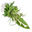 A tall, gracefully elongated spray of pristine white Calla lilies and layered green foliage, photographed on a clean white background and angled from the top-left down toward the bottom-right to highlight its flowing, sheaf-like silhouette. Several creamy Zantedeschia blooms with their smooth, waxy trumpets form the visual heart of the design, each trumpet catching a soft, neutral light that reveals gentle contours and a cool, pearly sheen. Surrounding the lilies is a careful choreography of textures: broad, glossy deep-green tropical leaves provide a structured base and are artfully folded and curved to cradle the stems; feathery fern fronds peek through to soften edges and add an airy, woodland whisper; variegated green-and-white leaves thread pale stripes through the middle, lifting the composition with contrast and brightness. Small, almost frothy pale-green sprigs nestle between larger elements, while long, slender grass-like blades arch outward to extend the bouquet's elegant lines and sense of motion. At the upper-left the arrangement is finished with a substantial off-white linen or burlap bow, its natural weave lending a quiet, tactile accent that complements the botanical palette. The overall mood is one of calm dignity - refined and contemporary - making this piece equally at home as a sympathetic tribute, a minimalist bridal accent, or a sophisticated decorative display. An experienced florist's hand is evident in the clean lines, balanced weight, and textural contrasts; imagine this arrangement arriving gently wrapped in tissue for a ceremony at Stanmore's local chapel or as a serene focal accent in a Harrow reception room, its cool white lilies and vibrant greens conveying peace and timeless elegance.
