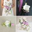 This four-image collage presents a harmonised set of wedding flowers built around luxurious white phalaenopsis orchids, soft pink roses, and gentle lavender accents, the kind of palette often chosen by couples marrying around Stanmore Country Park or Bentley Priory. In the top-left frame, a bride in a white strapless gown is shown from the shoulders down, holding a dramatic cascading bouquet. The bouquet flows like a waterfall of petals, layered with open white orchids, blush garden roses, lilac-toned blossoms, airy sprays of baby's breath, and subtle foliage trailing elegantly toward the floor, creating a sense of movement and calm romance. The top-right frame zooms in on the groom's charcoal-grey suit, capturing a sophisticated boutonniere pinned to his lapel. A single white phalaenopsis orchid forms the focal point, framed by tiny lavender filler flowers and fresh green leaves, all bound with a narrow purple ribbon that sits just above a rich magenta tie, tying the colour story back to the bridal flowers. In the bottom-left frame, another boutonniere lies on a light beige, textured fabric that feels like soft linen. This one features a fresh orchid bud, still slightly cupped, surrounded by sprigs of white baby's breath and a touch of greenery, finished with a vibrant pink ribbon for a polished yet playful accent, suitable for a groom or groomsman. The bottom-right frame reveals a cascading centerpiece arranged in a white woven vase, its shape echoing the bridal bouquet. White orchids and blooms of pink and lavender roses spill outward with delicate purple fillers and baby's breath, complemented by three white woven decorative spheres, composing a refined, romantic display ideal for Stanmore wedding receptions.