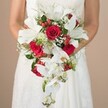 Set against a soft neutral backdrop that evokes the tranquil tones of Stanmore mornings, a bride gently clasps a magnificent cascading bouquet. Her white wedding dress, adorned with lace and barely visible below her bare arms, frames the florals she holds with serene pride. The bouquet is a spectacle of harmonious contrasts-pristine white lilies spread their generous petals at its heart, while elegant white orchids stream downward, giving a classic shower effect with contemporary elegance. Richly colored red roses, nestled amongst the whites, lend passion and tradition, complemented by clusters of striking red berries that infuse playful vibrancy. Soft clouds of baby's breath and delicate white filler flowers counterbalance the more intense hues, while feathery asparagus fern and deep green leaves thread throughout, offering fresh texture and organic fullness. Glints of spiky greenery add surprise and depth, capturing the touch of nature unique to Stanmore's Ruskin Park and Edgware Way. The artistic composition and radiant palette make this bouquet an unforgettable centrepiece-one that beautifully celebrates love, community, and the exceptional skill of Stanmore's local florists.