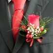 A close-up, high-angle photograph shows a meticulously crafted boutonnière pinned neatly to the left lapel of a deep charcoal suit, the kind you might see at a refined Stanmore wedding near Bentley Priory. At its heart stands a single deep red rose, still in tight bud, its velvety petals spiralling inward with a sense of quiet poise and promise. Clusters of delicate white gypsophila, like tiny stars, gather around the base of the rose, softening the strong colour and lending a cloud-like lightness to the design. Glossy red berries, small and oval, tuck in between the filler flowers, echoing the rose's rich hue and adding a subtle, textured gleam that catches the indoor light. Behind and beneath, lush greenery supports the arrangement: slim, grass-like blades fan out in fine arcs, while broader dark green leaves fold protectively around the stems, giving structure and depth. The stems are bound in a narrow red satin ribbon, tied into a neat bow that visually links the floral detail to the bright red tie visible beneath the lapel. That tie, likely silk or satin, is crisply knotted against a pale, finely patterned shirt, whose subtle checks or houndstooth design add a layer of sophistication without distracting from the flowers. The overall mood is polished and celebratory, as if the wearer is moments away from greeting guests at a wedding reception in central Stanmore or arriving at a black-tie event near Stanmore Hill, with this elegant buttonhole quietly elevating the whole ensemble and showcasing the careful craftsmanship behind every petal and leaf.