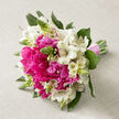 On a softly coloured beige fabric that looks like fine linen, this bouquet lies as if resting before being lifted for wedding photos in Stanmore. The arrangement is hand-tied and thoughtfully composed, with lush hot pink peonies forming the bold heart of the design. Each peony is large and open, its layered petals folding into one another to create plush, romantic blooms that glow with saturated colour. Nestled among these are clusters of white alstroemeria, whose delicate, lily-like flowers unfurl in multiple directions. Their petals are slender, creamy white, and etched at the centre with faint reddish-brown speckles and strokes, giving a touch of intricate, almost wild charm. Fine green buds, reminiscent of Ornithogalum, poke gently through the bouquet, adding height and texture while suggesting flowers that are just about to open, much like the slow unfolding of spring in the leafy streets around Stanmore Hill. Deep green leaves surround and weave between the blossoms, providing structure and contrast, so the vivid pinks and crisp whites stand out even more clearly. The bouquet has a rounded, compact form that tapers elegantly into a bundle of visible green stems, all cut to the same length. These stems are tightly bound by a blush-pink ribbon wrapped several times around, giving the piece a polished, celebratory finish. The overall mood is romantic, fresh, and composed-perfect for a bride walking out of a local Stanmore venue, a bridesmaid's bouquet for a synagogue ceremony, or a special gift for a milestone anniversary delivered to homes across Stanmore, Harrow Weald, and neighbouring areas.