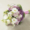 A hand-tied bouquet lies horizontally on a pale beige cloth that has the gentle irregular weave of linen or soft burlap, its neutral tone allowing the colours of the flowers to glow. The arrangement is dominated by lush white lisianthus, their petals layered like fine silk, some blooms fully open to reveal subtle yellow-green centres, others still curled in smooth, tapered buds that give the bouquet a sense of freshness and unfolding romance. Nestled around them are airy clusters of soft pink and light mauve stock flowers, each stem carrying dozens of small, ruffled florets that tumble together into a pastel haze, adding depth and a dreamy, old-world charm. Threaded between these are striking tufts of spiky, star-shaped purple filler flowers, likely a type of ornamental allium, whose tiny, pointed petals create a fireworks effect of lavender-purple against the paler tones. Long, glossy strands of deep green foliage sweep and loop through the bouquet, especially noticeable as they arch along the right side, introducing a graceful line and a touch of wild garden character. The stems are tightly bound with a band of vibrant fuchsia satin ribbon, its smooth sheen catching the light, and the handle is further adorned with a delicate string of small white pearls, giving a refined, bridal finish. The bouquet feels both polished and gently whimsical, with textures you can almost feel beneath your fingertips and a suggestion of soft floral fragrance. It would suit a spring or summer bride walking through Stanmore Country Park, or a special delivery from a trusted local florist in Stanmore, arriving at a townhouse near Stanmore Broadway for an anniversary or engagement celebration.