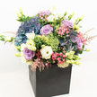 A vibrant, expertly arranged floral composition radiates from a modern matte black cube, encapsulating the contemporary elegance of Stanmore's beloved flower shops. The full, rounded bouquet overflows with rich, cool-toned hydrangeas in deep indigo and periwinkle blue, their clustered petals offering a plush embrace. Lavender and blush-pink roses are nestled artfully throughout, their gently unfolding petals expressing romance and gentle affection. White and pale yellow lisianthus blooms-softly ruffled and adorned with emerging buds-bring a luminous quality, accentuated by whimsical bursts of lime-green filler reminiscent of Green Trick dianthus. Wisps of feathery pink astilbe add cinematic lightness, evoking the airy charm of springtime meadows near Stanmore Place. Varied greenery, from vibrant lime to polished deeper leaves, provides a verdant base that enhances the freshness and layered depth of the design. Against the crisp background, the bouquet's diverse textures and colours spring to life, the black cube grounding every detail in modern elegance. This arrangement is perfect for marking special achievements, extending thanks, or simply adding a graceful touch to everyday life within Stanmore. Whether for intimate gatherings or grand gestures, it captures the spirit and beauty characteristic of Stanmore's floral artistry.