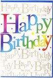 In this scene, a vibrant birthday card stands upright, its design bursting with the kind of joyful energy you'd expect at a lively Stanmore celebration. The central message, Happy Birthday, is written in confident, rounded letters that sweep across most of the card face. Each letter wears a smooth gradient of colour, beginning with bold crimson and cherry tones, flowing through glowing oranges and bright yellows, then moving into fresh greens, aqua blues, and ending in sumptuous purples. The colours appear velvety and slightly luminous, as if softly illuminated from within, evoking the look of party decorations catching the afternoon light in a home near Stanmore Hill. The lettering style is playful yet polished, with curves that convey warmth and friendliness. Behind this striking text, the background is a tapestry of repeating Happy Birthday to you phrases, penned in fine, looping script. The script is rendered in delicate gold with hints of metallic shimmer, curling across the card like a gentle musical line humming beneath the main melody. This subtle sheen gives the impression of scattered glitter or tiny stars, especially where the light catches the ink at different angles. Scattered around the script are minuscule star shapes and coloured specks, echoing the look of confetti still hanging in the air after a toast at a local gathering near Canons Corner. The overall composition feels beautifully balanced-bold colour at the front, intricate detail behind-making the card a fitting companion to a hand-delivered bouquet in Stanmore, for anyone whose birthday deserves an extra splash of colour and heartfelt joy.