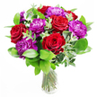A generous bouquet of deep red roses and sumptuous purple peonies stands proudly in a clear glass vase, creating a sense of refined drama and heartfelt emotion. The roses, open and velvety, form a rich red canopy across the top of the arrangement, each bloom composed of countless petals curling inward and outward in layered spirals. Between them, the purple peonies sit like soft cushions, their ruffled petals overlapping in plush waves that add fullness and a touch of indulgence. Embracing these central flowers is a thoughtfully arranged mix of greenery: lush, dark green leaves provide structure and depth, while sinuous stems of silver eucalyptus thread through the bouquet, their subtle, dusty green tone bringing calm contrast and a hint of airy elegance. The stems are visible through the glass vase, neatly cut and gathered, showing the quiet craftsmanship behind the design. Gentle light falls across the scene in a way that could echo the soft brightness of a Stanmore afternoon, perhaps in a home near the quiet streets off London Road, adding delicate highlights to the blooms and a light sheen to the leaves. The bouquet seems to carry with it the comforting fragrance of rose layered with cool, green notes, reminiscent of walking through Stanmore's tree-lined paths or the open grounds of Bentley Priory on a peaceful day. It feels ideal for personal celebrations-an anniversary in a local restaurant, a birthday surprise delivered to a home near Stanmore station, or a romantic gesture that needs no words. The arrangement communicates warmth, admiration, and a sense of occasion, as if a local Stanmore florist has distilled the feeling of a special moment into petals, leaves, and light.