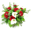 A beautifully balanced bouquet of deep red roses and pure white calla lilies is set against a clean, bright white background, evoking the serene elegance often seen at celebrations around Stanmore. The flowers are arranged in a clear glass vase with a subtly ribbed base, though the vessel is mostly hidden by the generous, rounded mass of blooms and foliage above. At the focal point, classic red roses open into full, velvety flowers, their layered petals forming soft, intricate spirals that express love, devotion, and admiration. Rising between them, smooth white calla lilies add a sculptural element, each trumpet-shaped bloom curving gracefully around a slender, creamy-yellow spadix, bringing a sense of purity and modern refinement. The contrast between the intense crimson and crisp white is softened by the verdant greenery that fills the spaces in between. Eucalyptus sprigs, with delicate stems and clusters of small, round, silvery-green leaves, add lightness and a softly textured backdrop, while larger, glossy green leaves provide form and structure around the base. The bright, even lighting highlights every nuance-the matte softness of the rose petals, the gentle sheen of the lily spathes, and the varied green tones of the foliage-without casting strong shadows, making the bouquet appear fresh and almost touchable. The effect is that of a carefully curated, luxurious arrangement suited to anniversaries, engagements, or romantic gestures delivered throughout HA7, from homes near Canons Park to the quieter residential streets off Stanmore Hill. It feels both timeless and contemporary, a bouquet that speaks gently yet clearly of love, elegance, and thoughtful celebration.