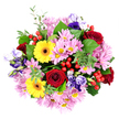 In this overhead shot, a full, rounded bouquet rests against a clean white background, every flower and leaf clearly defined, as though just finished in a Stanmore flower shop before being sent out for delivery. The rich, velvety red roses scattered across the design are the most striking at first glance, their tightly furled spirals of petals suggesting romance, admiration, and depth of feeling. Between them, sunny yellow gerbera daisies with pronounced dark centres stretch their wide petals outward, creating bright bursts of colour that bring to mind sunlight falling across gardens near Stanmore's quiet residential streets. Filling the spaces around these stronger blooms, clusters of pale pink and soft lilac chrysanthemums create a gentle, cloud-like layer, their delicate, spiky petals and pale yellow-green centres adding both texture and a soothing, pastel softness. Woven among these are graceful lisianthus blooms in deep purple, lavender tones, and soft blue hues, their bell-shaped flowers and slightly ruffled edges lending a refined, almost lyrical quality to the overall composition. A varied mix of greenery surrounds and threads through the bouquet: some leaves broad and glossy, others smaller, rounded, and subtly eucalyptus-like, giving the arrangement structure, depth, and the impression of freshly gathered foliage. Here and there, glossy clusters of bright red hypericum berries peek out from the leaves, like tiny, polished jewels that add a playful, festive note. The bouquet feels joyful yet composed, suitable for everything from a birthday surprise near Canons Park to a warm thank-you delivered along London Road, or a comforting gesture in more reflective moments. It reflects the skill of an experienced Stanmore florist who understands how to balance vivid colour, gentle texture, and heartfelt sentiment in one beautifully crafted design.