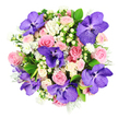 Viewed from above against a spotless white surface, this bouquet forms a complete, rounded sphere of blooms, each flower carefully placed to create an impression of fullness and harmony. Deep purple Vanda orchids punctuate the design, their broad, slightly cupped petals marked with intricate darker violet veining and speckles that lend them a luxurious, almost jewel-like quality. These orchids sit among a bed of roses in soft blush pink, pale pastel pink, and creamy white, each rose head at a different stage of opening. Some roses are tightly wound spirals, promising days of beauty ahead, while others have relaxed into generous, open faces that show off layers upon layers of velvety petals. Between the larger blooms, clusters of small, daisy-like white flowers introduce a sense of lightness, as though tiny stars have settled among the petals. Creamy white Hypericum berries, smooth and round, nestle here and there, creating a pleasing textural counterpoint and adding sculptural detail. Beneath and around the blossoms, glossy dark green leaves spread out in a supportive base, their rich colour highlighting the pastel tones above. Intermixed with them are soft, feathery leaves in a silvery-green shade, which fringe the bouquet and give it a gentle, cool halo. The overall mood is one of refined romance with a hint of modern drama, making this arrangement ideal for anniversaries, engagement celebrations, or a special delivery to a home near Stanmore station. It feels like a bouquet designed to be lingered over, bringing the quiet elegance of a well-curated floral display right into the heart of a Stanmore living room.