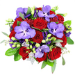 Seen from above, this bouquet fills the image like a richly woven circle of colour, the pristine white background acting as a calm canvas for its bold reds and purples. Deep red roses cluster at the centre, densely arranged so their velvety, spiralling petals create a sense of depth and warmth, evoking the intensity of a heartfelt confession. Between them, impressive Vanda orchids stretch out broad petals in a soft lavender-purple, dusted with darker violet speckles that lend a luxurious, almost couture quality. Surrounding these lead blooms, violet-purple lisianthus unfurl in soft ruffles; some flowers are fully open, while others remain in slender buds, hinting at blooms still to come. Smaller light-purple buds and delicate florets nestle in the spaces, introducing a gentle, romantic softness that balances the darker tones. The bouquet is encircled by a textured halo of foliage: glossy dark-green rose leaves, airy sprays of tiny-leafed greenery, and cool, silvery-green eucalyptus stems that arc outward, adding both freshness and modern elegance. Near the base, a faint glimmer of silvery mesh hints at thoughtful wrapping, suggesting the bouquet is ready to be carried through the streets of Stanmore or delivered to a doorstep near Stanmore station. Bright, even lighting reveals the natural sheen on each petal and the intricate layering of stems and leaves, showcasing the work of an experienced local florist. This bouquet feels perfectly suited to an anniversary dinner overlooking Stanmore Country Park, a romantic proposal close to Canons Park, or any cherished occasion where a vivid, luxurious floral gift can express what words alone cannot.