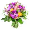 Presented against a crisp, white backdrop, this opulent hand-tied bouquet appears freshly crafted by Flower Delivery Stanmore, every bloom arranged to show off its best face. In the centre, lavish Vanda orchids in saturated purple immediately draw the gaze, their broad, slightly curved petals velvety in appearance and intricately speckled, giving them an unmistakably exotic quality. Surrounding these focal flowers are clusters of bright orange roses, each bloom tightly furled with spiralling petals that form a rich, cupped shape, their colour glowing like late-afternoon light over Stanmore Country Park. Intertwined throughout, pastel pink and blush garden roses gently soften the overall look, some presented as neat buds, others loosely open, their many petals creating a plush, romantic texture that speaks of affection and thoughtful gifting. Punctuating the rounded shape, several elegant calla lilies in plum and muted lavender tones rise upward, their smooth, trumpet-shaped blooms adding a sophisticated vertical accent and a touch of designer flair. The entire bouquet rests on a generous bed of greenery: long, silvery eucalyptus leaves fan out with a soft, matte finish, while darker, more compact foliage creates a deep, rich backdrop that allows the vivid flowers to shine. Delicate sprigs of small lavender filler flowers and bright green accents weave between the larger blooms, adding fine detail and a sense of movement without overpowering the main composition. At the base, the stems are clearly visible, neatly aligned and tied to reveal the hand-crafted nature of the design, perfect for same-day delivery across Stanmore, Edgware, and nearby Mill Hill, whether to celebrate a milestone, offer congratulations, or simply bring a splash of luxurious colour and fragrance into a loved one's home.