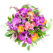 This opulent bouquet, photographed from above on a clear white backdrop, appears as a lush, domed island of colour and texture, the sort of statement piece that would sit beautifully on a polished table in a Stanmore home near The Broadway. At its heart are striking Vanda orchids in vivid fuchsia and rich magenta purple, their broad, slightly glossy petals patterned with intricate tessellations that look almost like hand-painted mosaics, adding a sense of exotic luxury. Nestled alongside and around them are clusters of tightly-budded roses: some in soft, romantic pastel pink with velvety spirals, others in lively bright orange and golden yellow that beam with warmth and happiness. Interwoven through the composition are deep plum calla lilies, their elegant, trumpet-shaped blooms curving gracefully upwards, providing a dramatic, sculptural contrast to the rounded forms of the roses. Delicate clusters of small lavender and pale purple flowers, reminiscent of phlox, are scattered throughout, creating gentle, feathery textures and a subtle impression of a country garden in full bloom. The flowers rise from a bed of lush greenery, with generous emerald leaves giving fullness and shape, while rounded, silvery eucalyptus leaves thread between the stems, bringing cool, muted green tones and a fresh, aromatic note. Every element is carefully placed to create a sense of balance and natural movement, as if the bouquet were caught at the peak of bloom. Radiating feelings of joy, celebration, and quiet sophistication, this arrangement is ideal for marking special occasions, from anniversaries to engagement parties, and makes a memorable same-day delivery choice for discerning flower lovers across the Stanmore area.