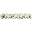 A large, custom funeral flower arrangement spells out the word GRANDPA in striking capital letters, set horizontally against a pure white backdrop, reminiscent of a display in a calm Stanmore chapel or crematorium. Each letter is completely enrobed in small, densely packed white flowers, almost certainly chrysanthemums or carnations, whose overlapping petals create a thick, cushion-like texture that looks both soft and substantial. The unbroken expanse of white brings to mind purity, gratitude, and a quiet, steady love for a much-missed grandfather. Scattered delicately through this white canvas are accents of rich purple and gentle lilac blooms, paired with fresh green leaves. These clusters nestle into the contours of the letters-at the base of the G, in the open centers of the As, and around the curvature of the D and P-bringing subtle flashes of colour and depth, rather like moments of shared laughter recalled during a eulogy. A dark green metal or wooden bar runs beneath the letters, mostly obscured by the flowers, providing essential support while allowing the tribute to appear as one seamless word. Crafted with the precision and care you might expect from a dedicated local florist serving Stanmore and the surrounding north-west London area, this piece seems designed to rest beside a coffin, at the foot of a lectern, or on a graveside after the service. It offers a clear, touching message of farewell that families can recognise instantly, even from a distance, as they gather together to remember and honour the life and legacy of their grandfather.