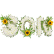 A tender, studio-lit floral tribute spelling out the word SON in three bold capital letters, crafted to convey deep love and remembrance. Each letter - S, O and N - is densely covered with small, pristine white chrysanthemums that give a velvety, cloud-like surface; the chrysanthemums' subtle sweet, green-tinged scent suggests quiet calm while their rounded petals create a soft, tactile depth that is almost comforting to imagine. Dark green ivy vines are woven through and around the letters, their glossy five-lobed leaves trailing in gentle curves to add contrast and a sense of evergreen continuity. Lush fern fronds and pointed leafy sprigs nestle into the base of the O, offering a lighter green texture that lifts the composition and frames the lower sunflower. Three bright yellow sunflowers, each with broad golden petals and deep brown, textured centres, punctuate the arrangement: one tucked into the upper-left curve of the S, one settled at the bottom centre of the O among the ferns, and one anchored at the upper-right of the N. The sunflowers introduce a warm, hopeful note against the serene white chrysanthemum ground, their faces turned outward as if to offer consolation. Photographed against a clean white background with soft, even lighting, every petal, vine and frond reads clearly; the image emphasizes the handcrafted construction and respectful message. This bespoke memorial piece reads as both a farewell and a celebration of memory, ideal for honoring a beloved son with dignity, light and enduring green symbolism.