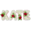 A handcrafted, three-dimensional floral tribute spelling KATE in large capital block letters, each letter formed from a dense cloud of pristine white chrysanthemum heads that read as soft, pillowy texture to the eye and touch. The edges of every letter are finished with a narrow, pale pink satin ribbon that catches soft light and lends a faint warmth to the cool white of the chrysanthemums; the ribbon is pleated just enough to add a subtle artisanal flourish without distracting from the overall purity. On the face of each letter sits a single deep red rose, its velvety petals opening into a concentrated focal point and releasing a gentle rose perfume that would float just above the arrangement in a quiet room. Rich green foliage - glossy broad leaves and slender fern fronds - frames and cradles each rose, giving the letters depth, a natural contour and a sense of verdant resilience. The K bears its rose and greens on the lower part of the left vertical stroke, the A is crowned centrally at the peak, the T's crimson accent sits at the base of the left side of the crossbar, and the E's bloom rests along the middle horizontal bar, creating a balanced rhythm across the name. Set against a pure white background, this tribute reads with dignified clarity and is the kind of bespoke memorial arrangement often used at funerals, wakes or celebration of life services. As a Stanmore florist I picture it placed softly near the lectern at a local church or beside a photo on Stanmore High Street; the combination of white chrysanthemum, pale pink ribbon, red rose and deep green foliage conveys purity, love and steady remembrance.