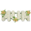 The photograph captures a tasteful floral tribute spelling out MOM in clear, uppercase letters, ideal for a funeral, memorial, or celebration of life. The word is created from an abundance of small white flowers, most likely spray chrysanthemums or spray carnations, which are set so closely together that they form a smooth, continuous blanket of petals over each letter. This cushion-like texture conveys softness and peace, especially against the plain white background that isolates the design and highlights its form. A slim, dark green outline peeks discreetly around the edges of the M, O, and final M, hinting at the supportive frame and giving the letters crisp, recognisable shapes that stand out from a distance. To bring warmth and personal feeling, three small groups of peach and apricot roses are woven into the white base. One cluster rests on the top left of the first M, another sits at the base of the central O, and the last graces the upper right of the final M. The roses range from youthful buds to partially opened blooms, their gentle colours complemented by accompanying greenery: feathery fern fronds and darker, glossy leaves that add texture and subtle contrast. The arrangement feels traditional yet intimate, the design suggesting the careful work of an experienced Stanmore florist who understands how families wish to honour a mother with grace. It is easy to imagine this tribute being delivered for a service in Stanmore or the surrounding area, where its simplicity and elegance can offer a focal point of comfort and remembrance during a time of loss.