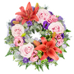 In this image, a lush funeral wreath is photographed from above against a clean white background, its round shape and thoughtful flower choices creating a gentle, respectful mood. Two large orange-red Asiatic lilies stand out as focal points along the ring, their star-shaped petals open wide and their dark stamens clearly visible, bringing warmth and subtle drama to the piece. Nestled all around them are clusters of soft pink and lavender-pink roses, fully open and velvety, their spiralling petals capturing a sense of tenderness and cherished memories. Between the roses, ruffled lisianthus blossoms in pale blush and deep, dignified purple fill the spaces, their layered petals adding movement and a rich, almost cloud-like texture. Threading quietly through the arrangement are delicate sprays of tiny lavender-blue filler flowers, like statice, that lend a misty softness and cool tone, balancing the warmer hues. The wreath rests on an abundant collar of greenery, including rounded, silvery eucalyptus leaves, dark green foliage, and fine fern fronds that overlap to form a dense, natural frame. Rising from this base, blue-grey eryngium thistles add a spiky, architectural detail, introducing a contemporary touch while maintaining a solemn feel. Several closed lily buds are tucked among the leaves, suggesting future blooms. Bright green leaves are folded in a decorative, structured way near one of the lilies, showing the hand of an experienced local florist. It is the kind of wreath often delivered to farewell services around Stanmore, from peaceful gatherings near Stanmore Golf Club to memorials held close to Canons Park, offering comfort and a quiet expression of sympathy.