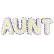 A grand, comforting tribute spells the word 'AUNT' in bold, three-dimensional letters, each letter hand-built from a dense carpet of pristine white spray chrysanthemums. These chrysanthemums form a soft, cloudlike surface-hundreds of tiny petals overlapping to create a cushiony texture that brightens the composition while remaining quietly dignified. Soft pale-yellow centers peek from some florets, adding a whisper of warmth against the snow-white heads. Each letter is edged with a ruffled band of deep purple satin ribbon, the ribbon's gentle sheen and careful pleating catching the light and tracing every curve with a refined outline. Subtle grey shadows beneath the letters reveal the sturdy frames and the slight lift off the white surface, giving the arrangement a tangible, sculptural presence. A faint, green, dewy scent rises from the fresh blooms, clean and reassuring, like the calm after rain; the overall palette and shape suggest loving remembrance rather than mourning. The composition has been arranged with precise craftsmanship-flowers layered for longevity, ribbon secured to preserve its pleated texture-and it reads as a personalised farewell that speaks of warmth, respect and memory. I often imagine a family from Stanmore High Street or visitors arriving from Stanmore Common pausing before such a tribute, recognising the careful, human touch behind each petal. This piece functions as both a visual message and a gentle embrace, appropriate for funeral services, memorial gatherings or a private leave-taking where a beloved aunt is celebrated and remembered with softness and reverence.