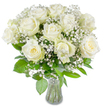 A serene, full bouquet of large white roses fills the frame, each bloom opened into soft, velvety spirals that glow with a pure ivory tone. A few roses show a whisper of creamy-yellow in their tight central petals, adding warm depth beneath the outer white. Nestled among the roses are airy sprays of baby's breath (Gypsophila paniculata), their tiny clustered blossoms forming a cloud-like veil that softens the composition and lifts the eye. Beneath and between the flowers, lush green foliage of varied shapes fans out-broad, glossy leaves mingling with narrower blades-to provide contrast and a natural structural rhythm. The stems are neatly trimmed and visible through a simple, clear glass vase with a gently flared rim; you can see the green stems submerged in clear water at the base, which speaks to freshness and precise florist technique. Bright, even daylight bathes the arrangement, enhancing the satin texture of the petals and making the whites read as luminous rather than stark. The overall mood is one of quiet elegance and calm - a bouquet that suggests a wedding altar, a comforting sympathy gift, or a refined centrepiece that brings peace into a living room. As a local Stanmore florist, I picture this arrangement set on a mantel near Stanmore Broadway or carried from Stanmore tube to a small family gathering in Canons Park; its restrained palette and gentle scent of rose and green leaves feel both respectful and uplifting. Every element is chosen to honour simple beauty and soothe the senses.
