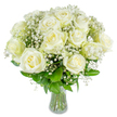 A hand-gathered bouquet of pure white roses sits with calm dignity in a clear glass vase, each bloom opening in layered spirals of soft, creamy petals that catch the light like polished ivory. Tiny clusters of gypsophila-baby's breath-float between the roses like a fine, frosted mist, their pinhead blooms adding a lace-like texture that lifts the composition and gives it an almost ethereal breath. Deep green foliage frames the flowers, glossy leaves and sturdy stems visible through the glass, grounding the arrangement with a fresh, woodland coolness. The light here feels like a soft morning over Stanmore Common, gentle and slightly diffused, highlighting petal edges and the subtle shadow between spirals. When I arrange these stems I think of quiet milestones: a first home key left on a bedside table, a wedding vow whispered in a church off Stanmore High Street, or a caretaking gesture brought to a bedside. The scent is delicate and classic-those familiar rose notes tempered by an airy, almost cotton-like freshness from the gypsophila. Tactilely the petals appear satiny; the baby's breath offers an airy contrast that invites a fingertip to linger. The vase is simple by design so the flowers remain the true focal point, their neat, balanced placement showing considered craft and restraint. This bouquet reads as comforting and refined, a visual pause that offers solace and quiet celebration in equal measure-an arrangement suited to calm domestic interiors, understated wedding tables, or a sympathetic, thoughtful gift delivered within the neighbourhood.
