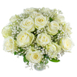 There is something quietly breathtaking in this hand-gathered bouquet of creamy white roses, each bloom unfurling in velvet spirals tinged with the faintest whisper of ivory. Nestled among cloud-like clusters of baby's breath, the roses read as both proud and tender-their layered petals catching a soft, early-morning light so the arrangement seems to hold the hush of dawn. Sprays of fresh green foliage thread through the composition, offering a cool, natural counterpoint that anchors the airy gypsophila and sets off the roses' silky sheen. The scent is gently sweet and reassuring, a faint perfume that invites the fingertips to linger on the velvety petals and the delicate lace of tiny white florets. Viewed from above, the bouquet presents a sculptural rhythm-larger roses placed to lead the eye, smaller buds and frothy gypsophila filling the spaces with an open, breathable architecture; from the side, stems are trimmed and angled with the care of an experienced hand so the silhouette sits with calm dignity in a vase. The overall mood is serene and intimate, perfect for moments that ask for understated elegance: an anniversary morning, a quiet expression of sympathy, or a tender 'thinking of you' to offer solace. As a local florist with many deliveries around Stanmore, I imagine this arrangement brightening a mantel on Stanmore High Street or arriving softly at a home near Stanmore Station-simple, sincere, and designed to be held in memory long after the blooms have faded.