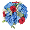 From a precise top-down viewpoint, this round bouquet reads like a painterly study in red, white and blue, laid against a clean white surface so every petal and leaf catches the eye. The foundation is a dense cushion of blue hydrangeas - clusters of small florets that range from pale sky-blue to deeper sapphire, their papery petals overlapping to create a voluminous, cloud-like base. Nestled within that blue sea are three to five deep red roses, their velvety petals spiralling tightly inward to form confident focal points; the roses read as private, passionate punctuation marks against the cool hydrangea field. Scattered throughout are fine sprays of baby's breath - bright white, star-like buds that lift the composition with delicate texture and a feeling of lightness, like tiny pearls threaded through fabric. Muted, rounded eucalyptus leaves and narrower green foliage sit around the edges and between blooms, their silvery-green matt finish giving the bouquet structure and a gentle, grounding contrast to the saturated colours. The lighting is soft and even, revealing subtle sheen on the hydrangeas and the satiny depth of the roses without harsh shadows. Scent is implied: a soft, familiar perfume of roses undercut by the faint, resinous green of eucalyptus. This arrangement carries a celebratory, respectful mood - suited to summer fêtes on Stanmore High Street, Remembrance displays near Bentley Priory, or an elegant gift arriving for a neighbour after a meaningful occasion. A local florist would describe its balance of volume, colour and texture as thoughtfully composed for both intimacy and public display in the Stanmore area.