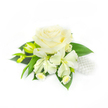 A pristine corsage photographed against a spotless white backdrop, its composition calm and refined. At the centre sits a single, fully opened creamy white rose, petals layered like velvet and catching a soft, diffuse light that reveals delicate shadows in the heart of the bloom. Surrounding the rose are slender, alstroemeria-like blooms in matching ivory tones, their slightly elongated petals unfurling with a graceful, almost paper-smooth texture. To the left two narrow, elongated green buds promise a later bloom, introducing a quiet sense of growth and anticipation. Nestled below, tiny white daisy-like flowers with pale yellow centres thread through the arrangement, offering delicate, country-kissed detail that contrasts with the rose's formality. Deep, glossy green leaves form a dense, verdant base; their broad, smooth surfaces anchor the design and make the whites appear even purer. On the right, a small cluster of lustrous white pearls rests among the foliage, the beads catching light and lending a traditional, bridal shimmer that suggests this piece could easily be worn for weddings or proms. The overall scent seems faintly sweet and fresh, like morning dew on ivory petals. As a florist in Stanmore I would picture this corsage placed on a wrist or pinned to a lapel before a ceremony at St. John's Church or a reception near Stanmore Hill, its understated elegance speaking of quiet celebration. Every element-texture, tone, and arrangement-reads as thoughtful craftsmanship, designed to feel both timeless and gently personal while remaining fully visible against the pure white background.
