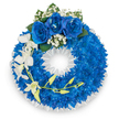 A carefully constructed circular wreath sits against a bright white backdrop, its visual language speaking of calm and remembrance. The main body is a dense, continuous ring of small, electric royal-blue chrysanthemums-each petal layered tightly to create a plush, almost velvety texture that catches the light and reads as a deep ocean of colour. At the very top of the circle, three large royal-blue roses open fully like small moons, their velvety petals arranged to form a clear focal point. Around those roses, feathery sprays of pure white gypsophila nestle in soft clouds, and a few dark green leaves lend natural weight and contrast. Down the left-hand side, a graceful cascade of pristine white orchids-Phalaenopsis in bloom with occasional Dendrobium-like shapes-flows with slender stems and broad petals, introducing an elegant, vertical line that breaks the wreath's roundness with quiet motion. Interwoven among the orchids, a delicate curved stem carries pale yellow-green buds, the promise of fresh life contrasting with the mature blooms. The wreath's inner edge is finished with a ruffled white satin ribbon, its crisp folds framing the central void and lending a formal, respectful finish. There is a faint clean floral scent suggested in the composition and a gentle balance between vivid blue and serene white that makes this arrangement suitable as a sympathy tribute or memorial piece. As a florist who often works for services at local venues around Stanmore Common and Stanmore Broadway, I would describe this as a dignified, comforting statement-crafted with attention to texture, light, and the quiet language of farewell.