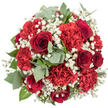 In this photograph, a sumptuous hand-tied bouquet appears from a slightly elevated, top-down perspective, forming a near-perfect dome of red blooms cradled by greenery and set against a flawless white background. The eye is immediately drawn to deep red roses whose velvety petals spiral tightly inward, each one a symbol of romance and devotion, casting small shadows that give the flowers depth and dimension. Surrounding and interspersed among them, ruffled red carnations cluster densely together, their layers of finely edged petals building a sense of fullness, richness, and soft movement throughout the design. Dancing between the larger blooms are fine sprigs of white baby's breath, their delicate, cloud-like tufts bringing brightness and airiness, as though tiny flecks of light have settled amidst the red. Slipping through the arrangement, eucalyptus stems contribute rounded, grey-green leaves with a quiet, matte sheen, evoking a cool, herbal freshness that gently contrasts with the warmth of the petals. Deeper green foliage frames the base, reinforcing the bouquet's rounded form and adding a natural, organic depth. The composition feels measured yet generous, the sort of bouquet Flower Delivery Stanmore might prepare for a golden wedding anniversary being celebrated near Bernays Gardens, a proposal dinner not far from Stanmore tube station, or a Valentine's surprise sent across Stanmore on the same day. The bright, even lighting captures the interplay of colour and texture, from the silky smoothness of the rose petals to the frothy lightness of the baby's breath. Altogether, this arrangement radiates love, gratitude, and celebration, perfectly suited to mark the important moments that shape life in Stanmore.