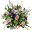 From a bird's-eye perspective, this bouquet forms a lush, rounded composition of pink, purple, and vivid green tones, framed by a clear white background that highlights every detail as if it were displayed on a pristine countertop in a Stanmore florist. The focal point is a cluster of large, fully opened roses in shades of dusty blush and soft mauve, their velvety petals unfurling in tight spirals that convey romance and delicacy. Weaving between these roses are small clouds of lavender aster-like flowers, each tiny bloom marked with a golden yellow centre, adding playful brightness and a lighter texture that dances over the more substantial blossoms. Deep purple lisianthus flowers, with ruffled, bell-shaped petals, punctuate the design with rich, jewel-like tones, while slender spikes of vivid purple Veronica peek up from within the bouquet, lending gentle height and the impression of natural garden growth akin to what you might discover in flower-filled borders near Stanmore Hill. Distinctive spheres of bright chartreuse-green blooms-similar to Green Trick dianthus-are scattered throughout, their densely textured, almost moss-like surfaces creating a striking contrast and a touch of modern flair. Silvery-green eucalyptus leaves arc around the flowers, their soft sheen and elongated forms offering a cool counterbalance and hinting at a fresh, clean fragrance that would lightly scent a home by Canons Park or The Broadway. Additional greenery and small budding stems complete the arrangement, giving it fullness and depth. The overall mood is joyful yet serene, making this bouquet a versatile choice for birthdays, anniversaries, or simple acts of kindness, easily delivered across Stanmore and the surrounding North West London neighbourhoods.