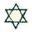 This photograph presents a solemn yet beautifully detailed Star of David floral tribute, isolated against a simple white background so every petal and contour is easy to imagine, like a piece waiting to be taken into a synagogue or family home in Stanmore. The Magen David is formed entirely from tightly clustered flowers, with a thick, soft border of white chrysanthemums marking out the familiar six-pointed shape. Their small, curling petals overlap in waves, creating a cushion-like edge that feels both protective and tender. At the centre, a hexagon made from the same pure white blooms shines out, giving the arrangement a calm, bright core that seems to hold a sense of remembrance and prayer. Surrounding this heart, the six triangular arms of the star are filled with deep blue flowers, their navy and indigo shades offering a rich contrast, much like the formal tone of a funeral service along Marsh Lane or near Stanmore's synagogues. At the base of each blue triangle, a smaller triangle of white flowers is neatly inset, forming a repeating pattern of light breaking into the dark. This interplay of colour and shape creates a gentle visual rhythm, suggesting continuity of faith and memory across generations. The overall surface appears soft, rounded, and full, every bloom placed carefully to maintain the star's clean lines. Although you cannot see stems or foliage, the abundance of petals speaks of fresh, high-quality blooms arranged with deep respect. It feels like a tribute designed to stand quietly beside mourners, offering a silent message of love, heritage, and dignified farewell within the Stanmore Jewish community.