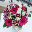 Infused with the cheerful spirit of Stanmore's close-knit community, this bouquet is a true ode to local joy and celebration. At its vibrant heart, hot pink Gerbera daisies bloom boldly, their plush petals drawing the gaze with their radiant intensity and velvety softness. Intertwined among them, starry chrysanthemums sport striking purple petals outlined crisply in white, each flower's centre an electric green, adding sparkle and surprise to the ensemble. Creamy white roses, with their precisely swirling petals and understated, classic aroma, bring a gentle sophistication to the lively design. Like fleeting clouds, delicate sprays of baby's breath drift through the bouquet, creating lightness and evoking the kind of blue-skied mornings found walking near Bentley Priory. Deep, glossy green leaves frame the arrangement, offering freshness and fragrance with every stem. Resting on an immaculate white surface, the bouquet gleams in bright, filtered light, while a softened suggestion of metalwork in the background nods to Stanmore's graceful architecture. A small, partially revealed tag hints at a hidden message, inviting discovery. Whether presented as a birthday surprise, an anniversary tribute, or a spontaneous gesture of thanks, this bouquet brings a burst of warmth to homes throughout the Stanmore area, reflecting the care and craftsmanship of local florists.